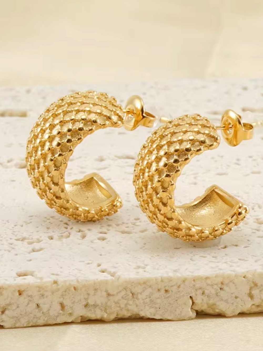 Gold Textured Hoop Earrings Stainless Steel